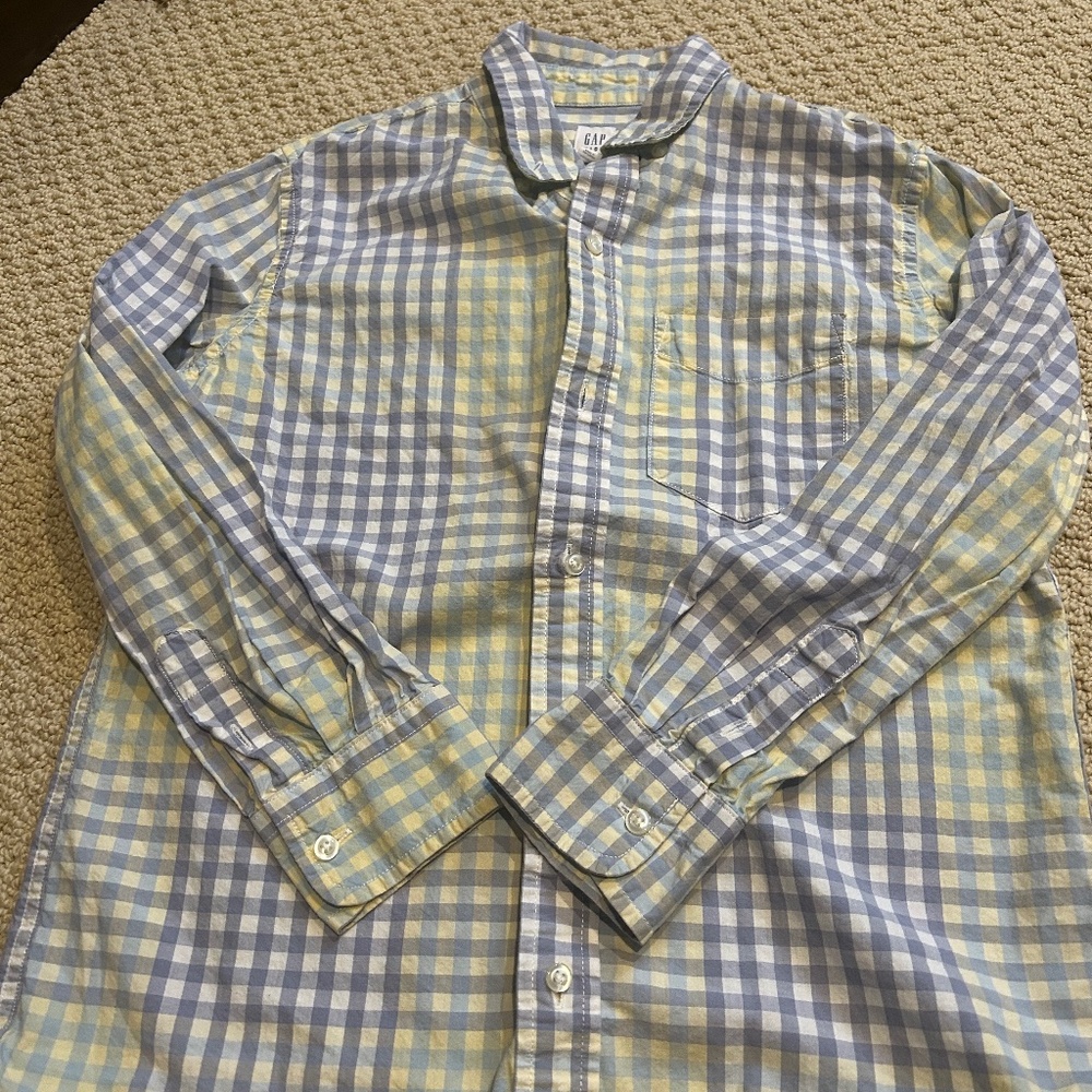 Gap 100 percent cotton boys white/grey/yellow checkered dress shirt